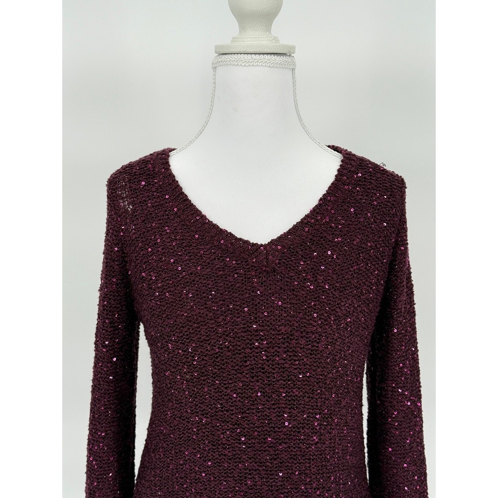 Holiday Sparkly Apt. 9 Sequin Long Sleeve V Neck Sweater PS Burgundy - Picture 2 of 5